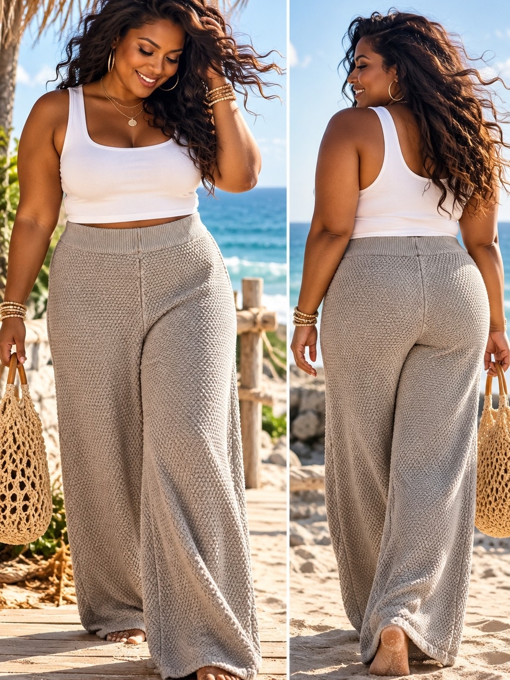 FP Beach Free People XL Textured Knit Wide Leg Pants Gray